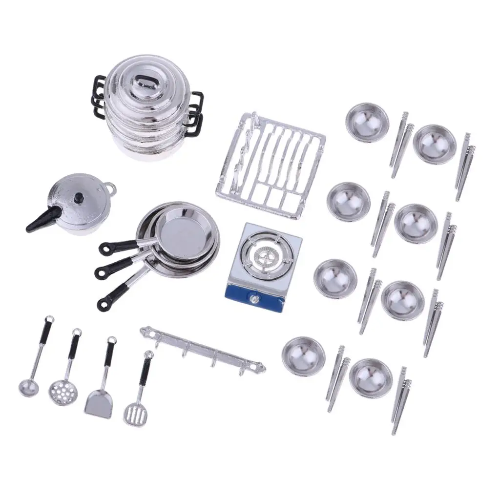 1/12 Miniaturowe akcesoria kuchenne do domku dla lalek, metalowe naczynia kuchenne, zestaw modeli naczyń do gotowania