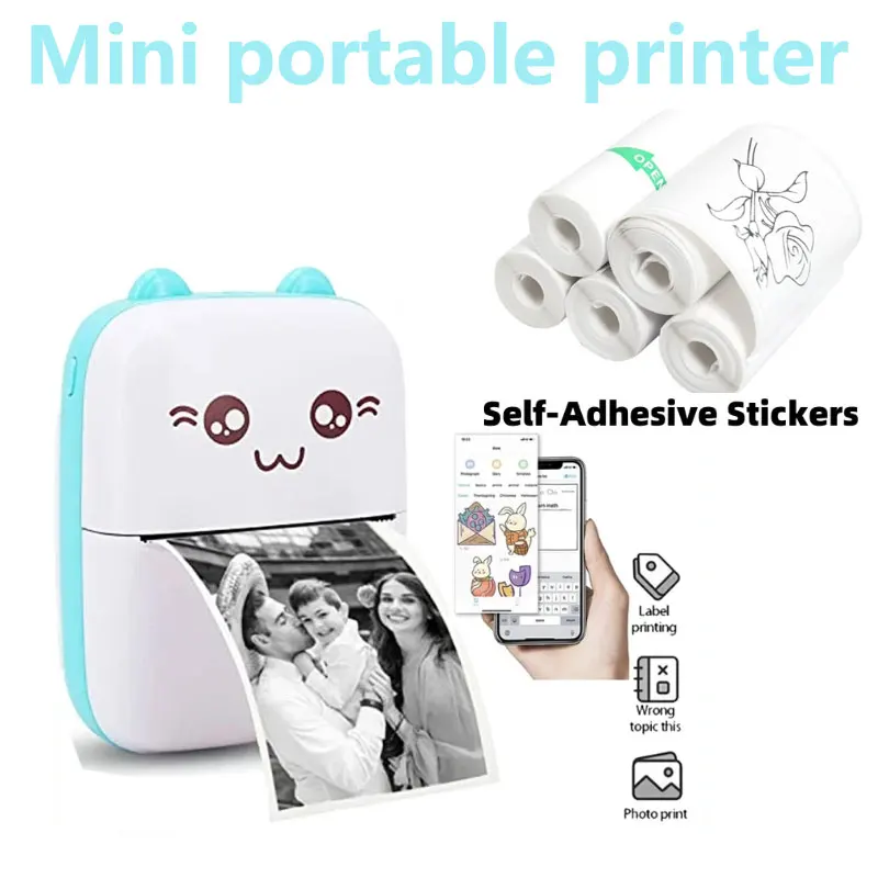 Portable thermal mini printer photo pocket thermal label print 58mm printing wireless Bluetooth Android iOS print sticker paper