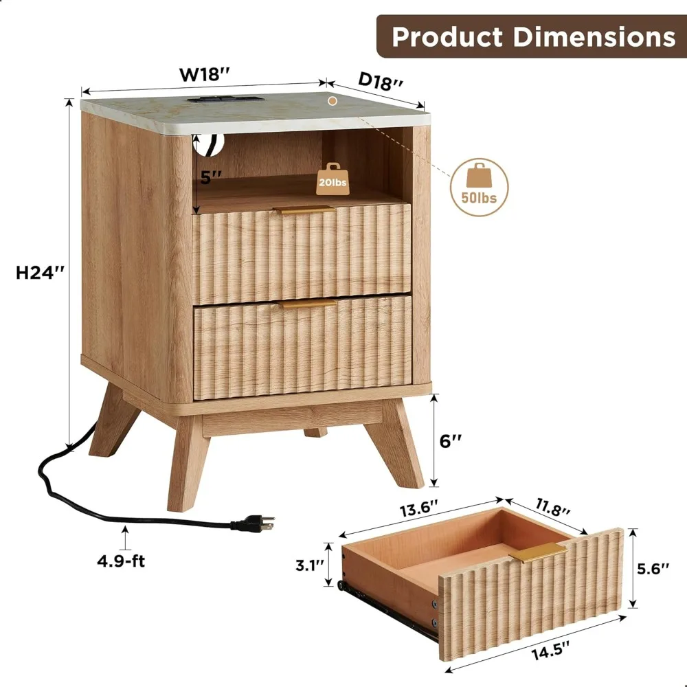 Fluted Nightstand with Charging Station,2 Drawers End Table w/Storage, Bedside Table for Bedroom, Living Room, Natural Oak