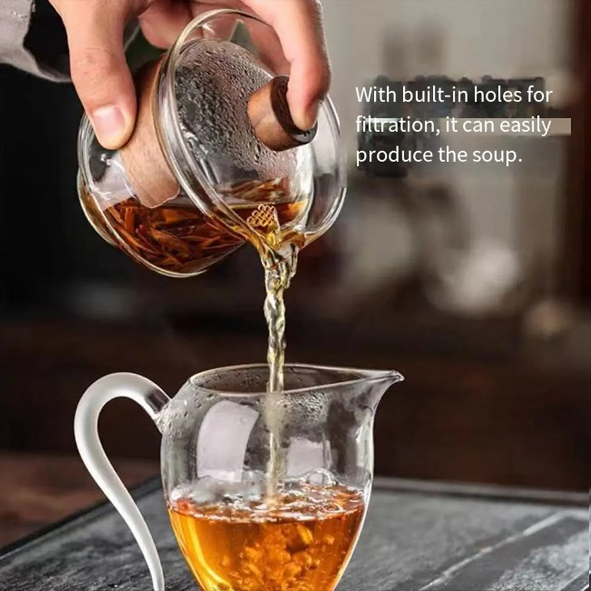 High Silicon Glass Cup with Cup Cover Wooden Heat Insulation Chinese Tea Bowl Tureen Travel Teaware Sets 200ML