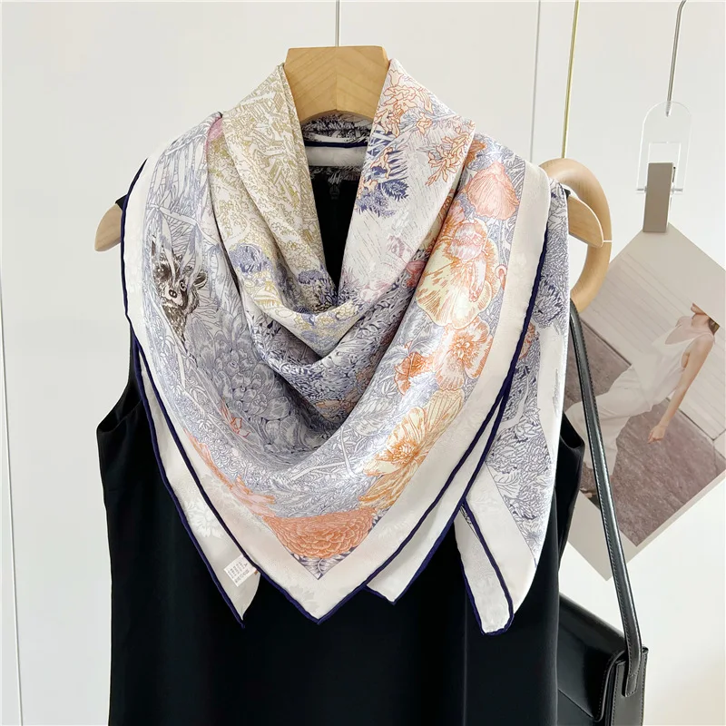 Double Printing Pure Mulberry Silk Scarf 110cm Square Bandana in Silk Twill with Hand-rolled Edges Shawls Scarves for Ladies