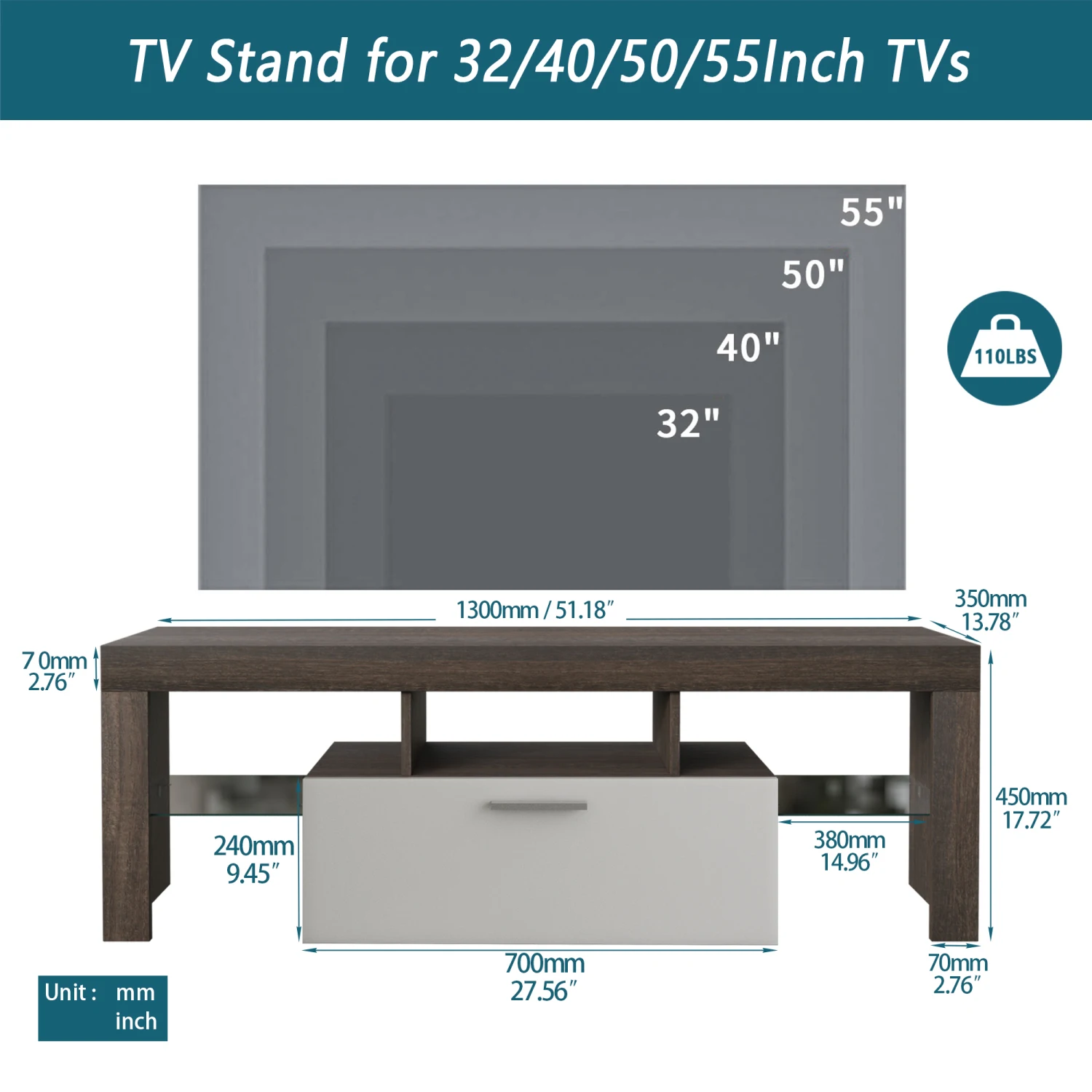 20-Minuten-Schnellmontage, brauner, einfacher, moderner TV-Ständer mit Ablage aus gehärtetem Glas, Bodenschrank, Boden-TV-Wandschrank, Braun