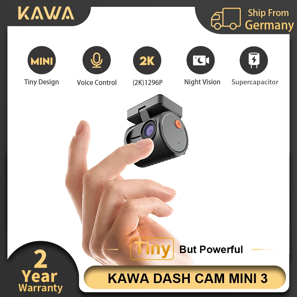 KAWA Dashcam MINI 3 mit Superkondensator, Sprachsteuerung, Farb-Nachtsicht, 1296P 2K, 24-Stunden-Parküberwachung, WLAN, G-Sensor, verstecktes Design, Mini, einfache Installation, Auto-DVR