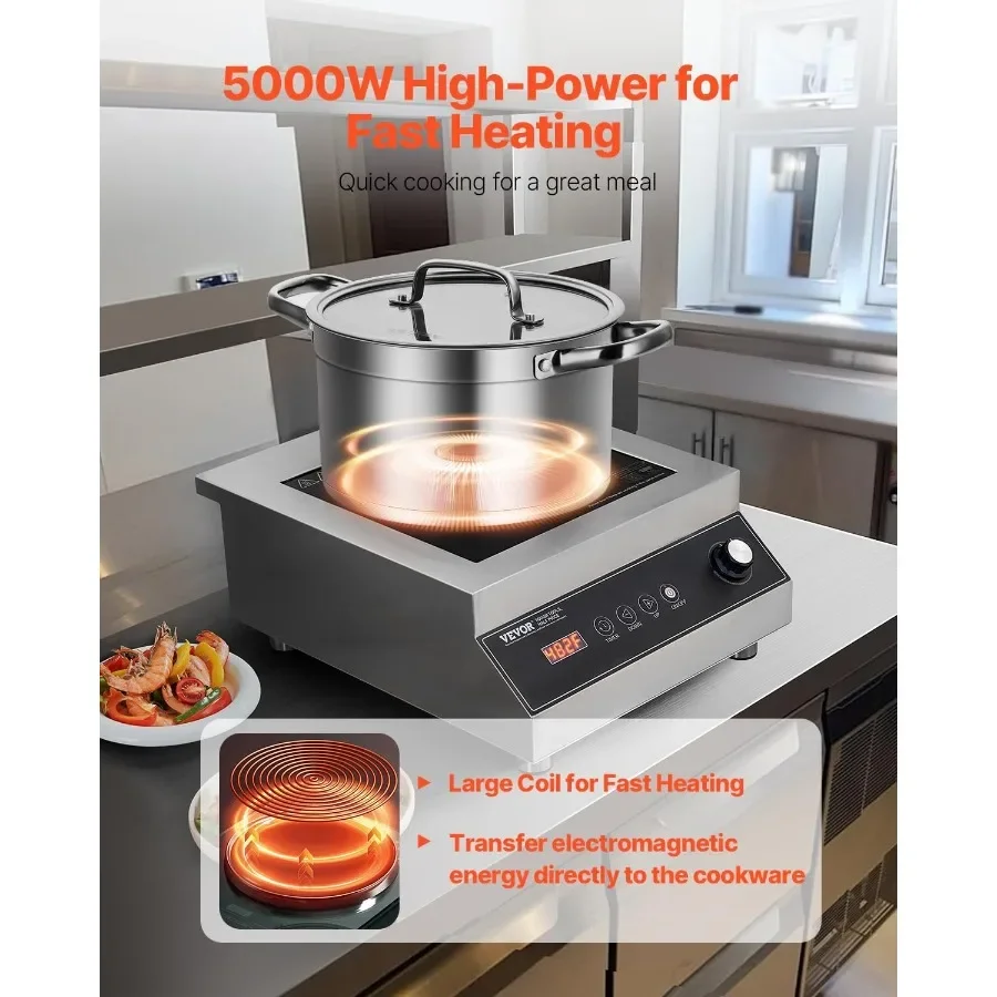 Portable Commercial Cooktop 5000W Induction Burner with 16 Temperature Settings for Efficient Kitchen Use Stainless Steel Count