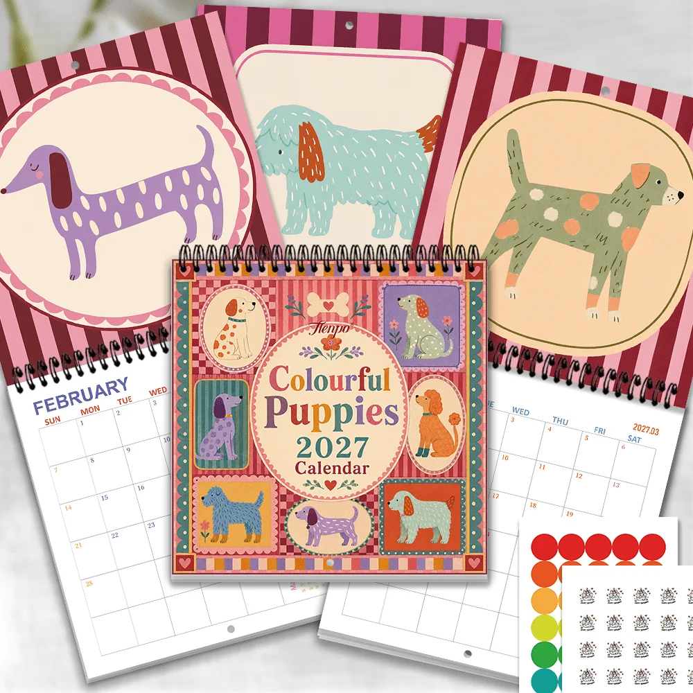 1pc, 2027 Wall Calendar, Mid Century Dog Art, 12 Month Planner for Home Office Decor, Christmas New Year Gift with Stickers