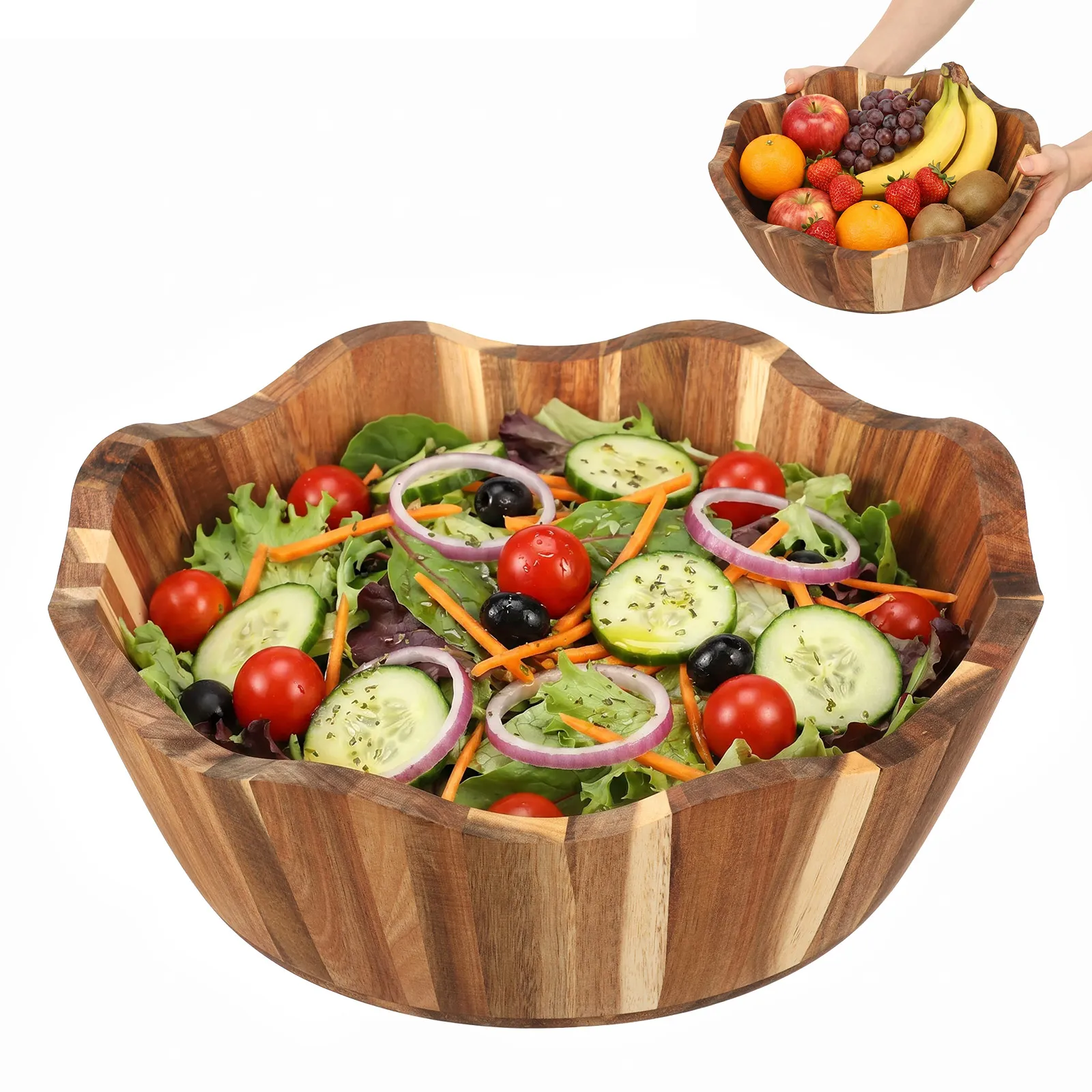 Acacia Wood Salad Bowl Large Capacity Decorative Scalloped Wooden Serving Bowl for Snack Fruit Jewelry Home Kitchen Salad Bowl