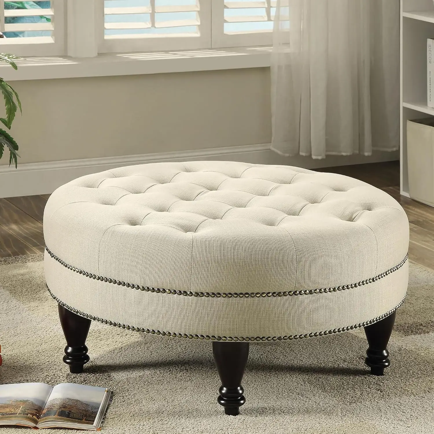 

Ottoman Traditional Style Foot Stool With Nailhead Trim Round Ottoman Stool With Oversized Top Ottoman Foot Rest With Solid