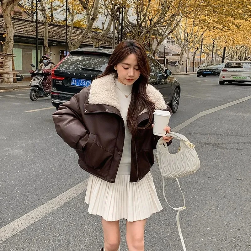 厚手フェイクラムPUレザージャケット レディース Y2K ストリートウェア ルーズラペル バイクコート BF アメリカンレトロ 暖かいボンバージャケット アウター 新作