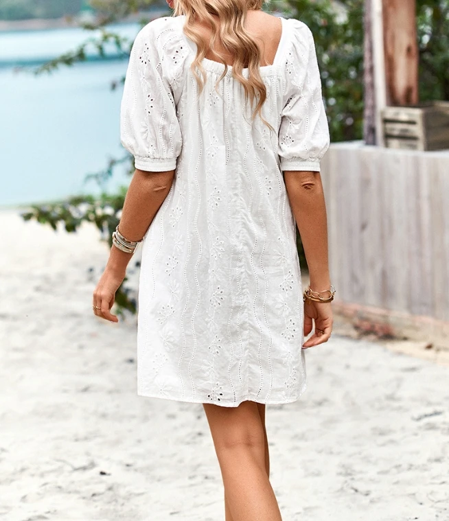 Mini vestido elegante feminino com design de bolso, gola quadrada, manga curta, vestido casual solto de férias, jacquard oco, jovem, verão, 2024