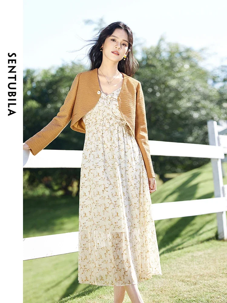 

SENTUBILA Womens Dress Set 2025 Spring Fall Woman Outfits Long Sleeve Cropped Jacket Floral Camis Dresses 2 Piece Set 141Z53518
