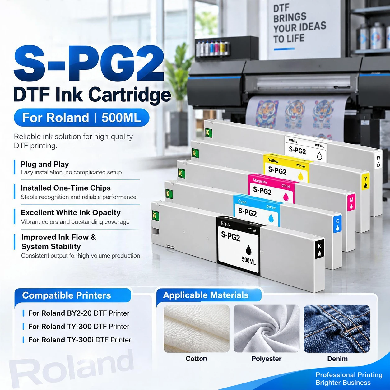 For Roland S-PG2 500ml Ink Cartridges With Full DTF Ink One-Time Chip For BY2-20 TY-300 TY-300i DTF Printer White KCMY 6Colors