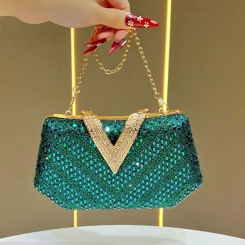 

2025 Brand Desig Women V-shaped Lock Inlaid Full Diamonds Evening Clutch Bag Luxury High End Party Handbag Wedding Crossbody Bag