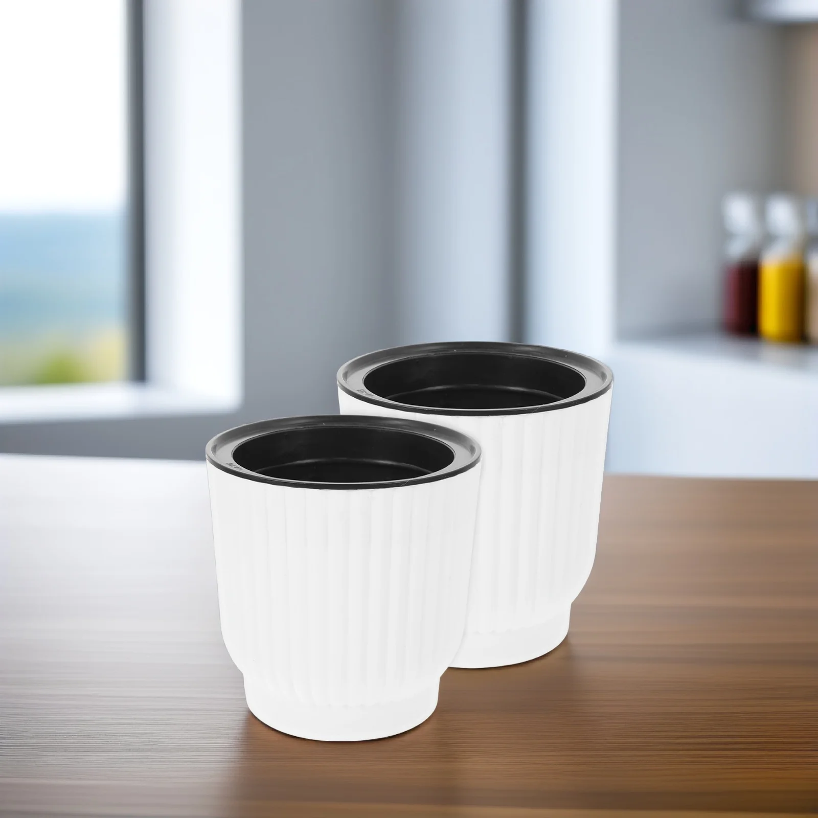 

2Pcs Self Watering Flower Pots Plastic Planting Pot White 150 Vertical Stripes Indoor Plants Balcony Desk Room Decor