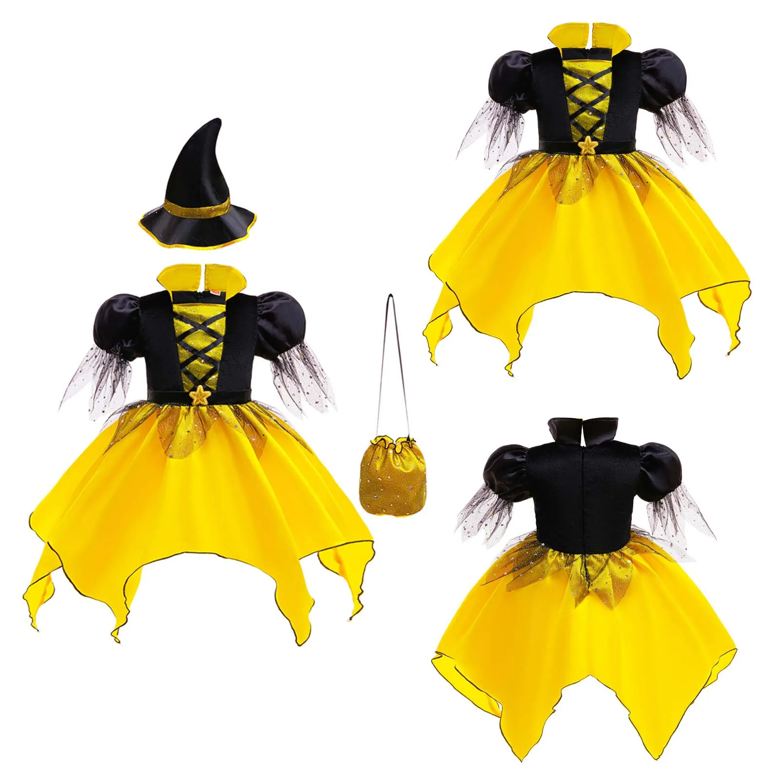 

Kids Girls Witch Costume Halloween Witch Dress Up Theme Party Puff Sleeve Jagged Hem Tutu Dress with Matched Witch Hat and Bag