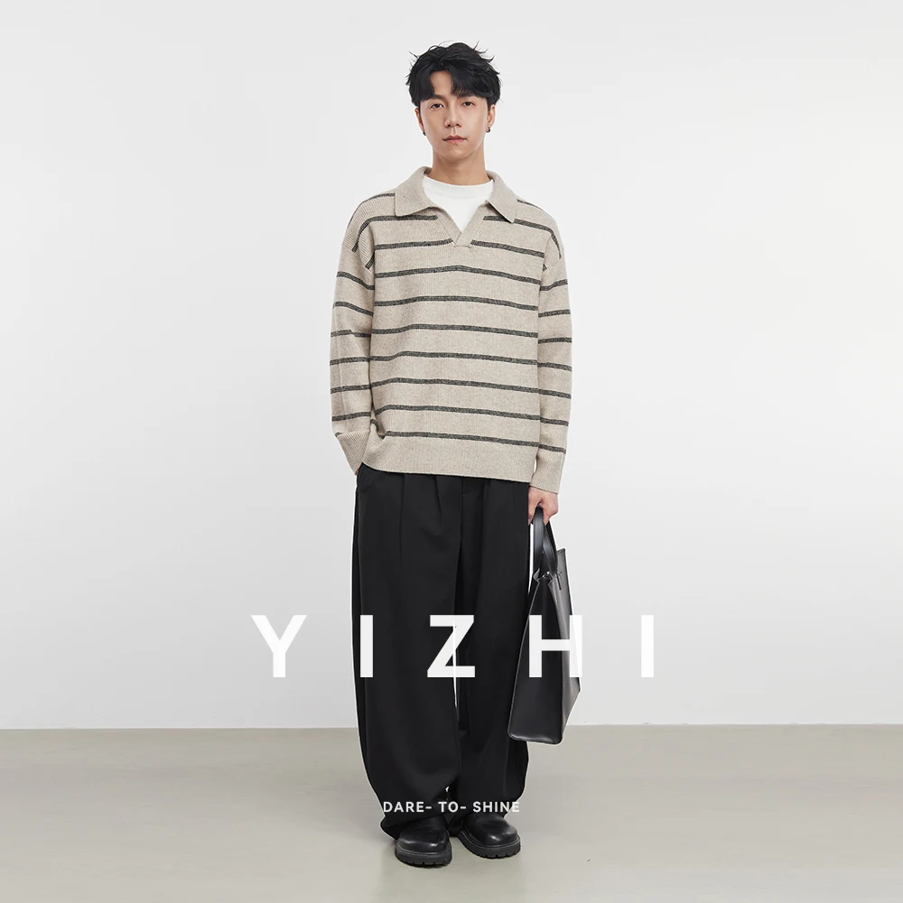 2025 Autumn and Winter New Men's Long Sleeve Striped Lapel Sweater Korean Long Sleeve Top Men's Pullover Polo Sweater