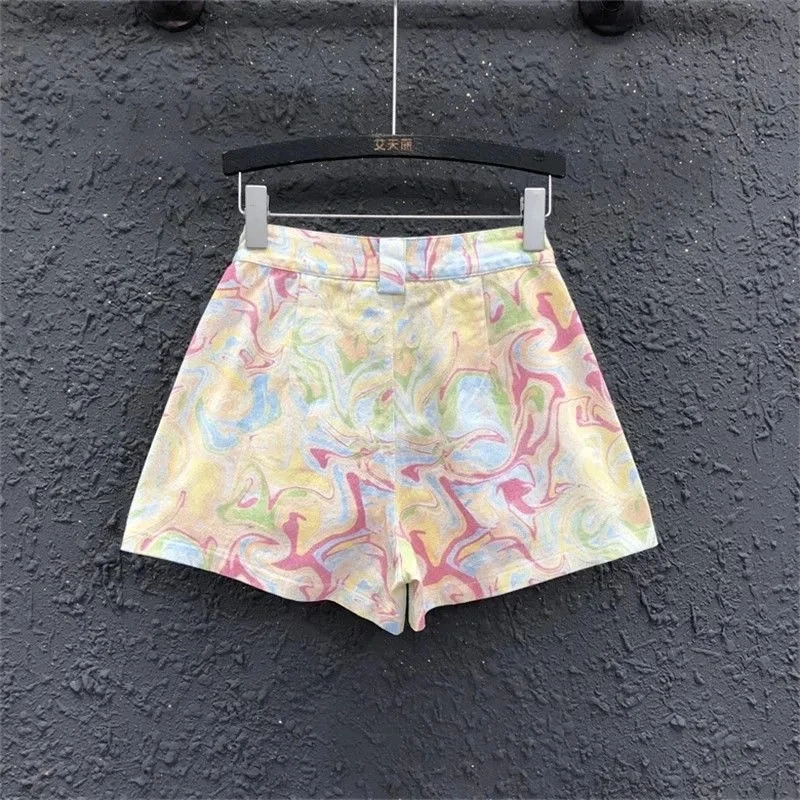 Colorful High Waisted Workwear Denim Shorts Fashionable Loose Dyed A-line Wide Leg Pants 2025 Summer New Women's Hot Pants