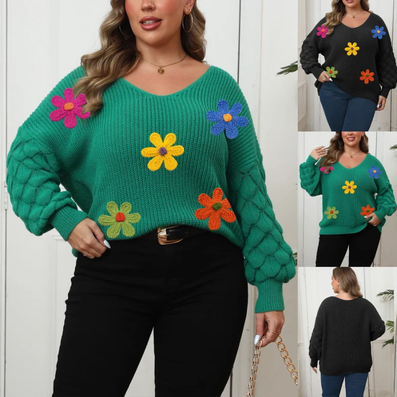 

Women's Sweater Pineapple Sleeves Deep V Bottoming Shirt Three-dimensional Wool Embroidery Flower Stitching Pullover Top