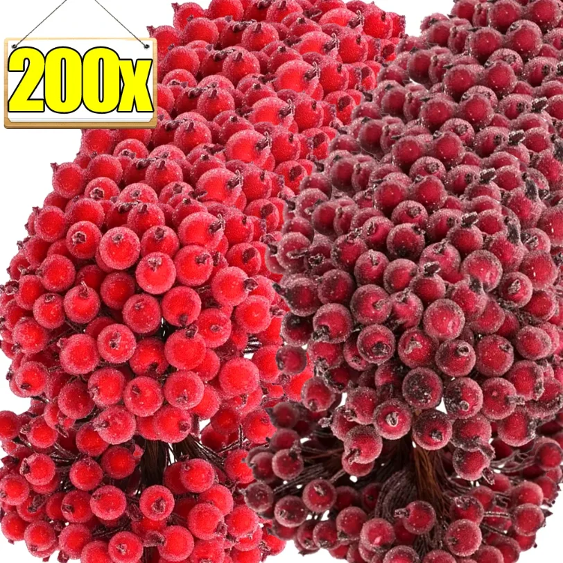 

Wholesale Artificial Frosted Berry Mini Double Head Christmas Holly Red Gold Silver Berries Flowers Wreath Xmas Party Decoration