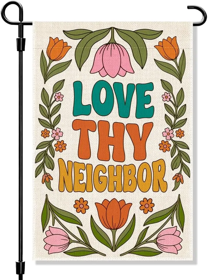 Love Thy Neighbor Garden Flag, Floral Garden Flag for Outside, Kindess Welcome Banner, 12x18 Inch Double Sided Religious Out llp