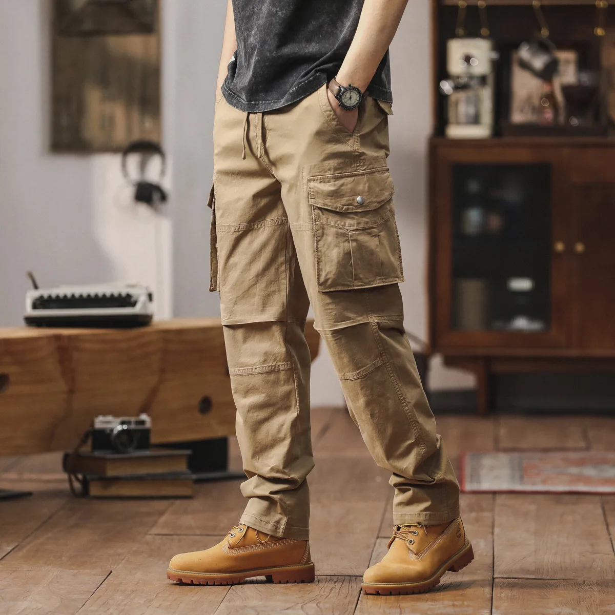 

Мужские весенние брюки карго с множеством карманов, высококачественные, однотонные, свободные, эластичные, хлопковые, повседневные, для активного отдыха