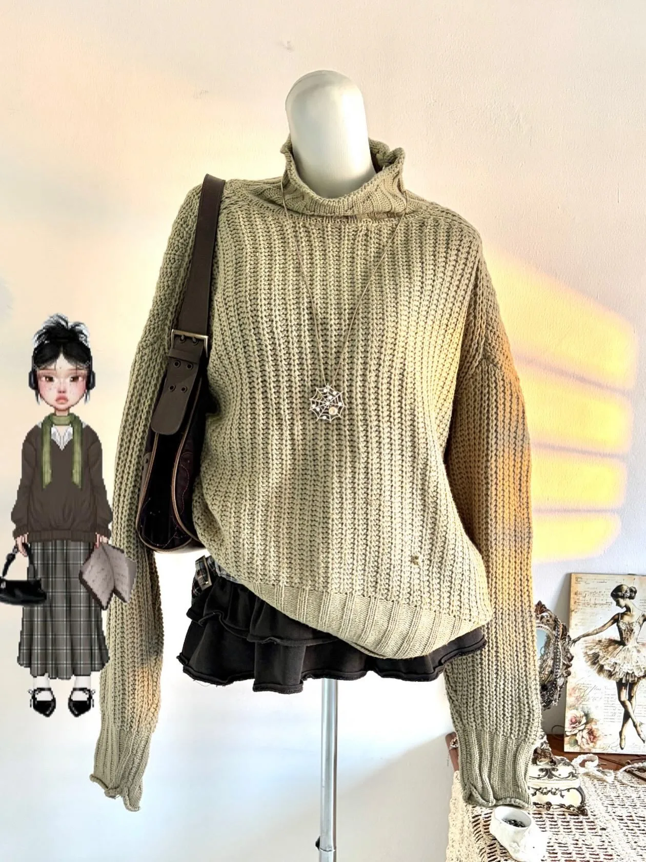 Vintage Grunge Women Sage Green Chunky Knit Turtleneck Jumper Oversized Long Sleeve Loose Y2K Fall Winter Pullover Sweater