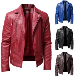 Men PU Leather Jacket Solid Color Casual Slim-Fit Zipper Long Sleeve Turn-Down Collar Motorcycle Leather JacketCoat Men Clothing