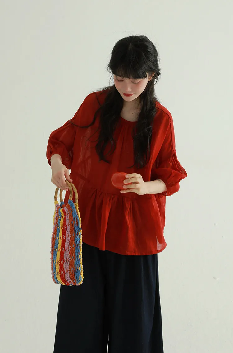 

RAIN YAN LIN Summer New Solid Color O-Neck Lantern Sleeve Shirt Women's Fashion Loose Cotton Linen Office Lady Pullover Top