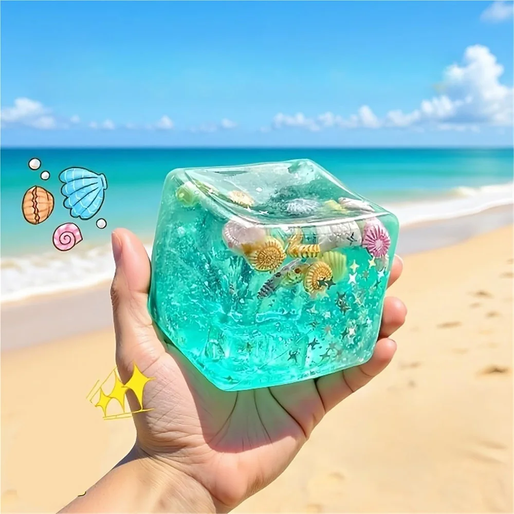 Ice Cube Cube Ocean Squishy Sensory Toys with Real Sea Shells Squishy Fidget Toy for Kids & Adults Non-Toxic Squeeze Toy