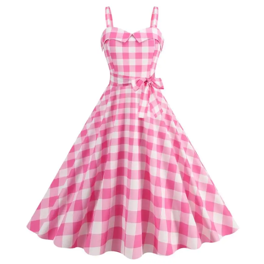 Women's Summer Dress Sexy Retro Pink Plaid Suspender Gown Christmas Party Clothes Robe Femme High-Waisted Dress