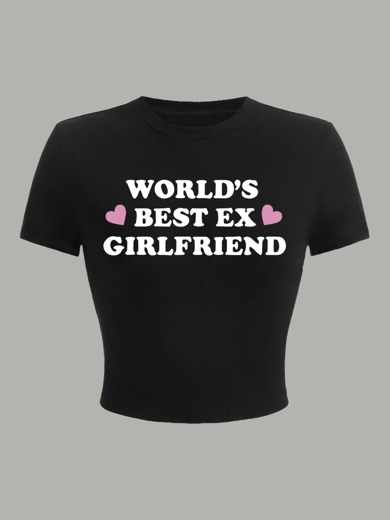 

Women's Casual Graphic Crop Top "World's Best Ex Girlfriend" Slogan with Pink Hearts Black Short Sleeve Round Neck Summer