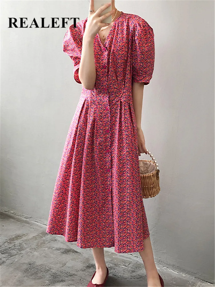 

REALEFT 2022 Summer Floral Printing Women's Dress Fashion Puff Sleeves High Waist Pleated Holiday Casual Bohemia Dresses Female