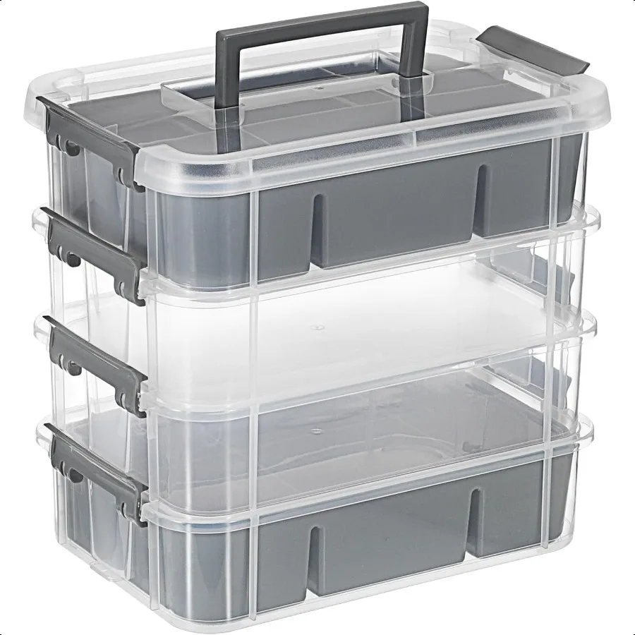 

4Tiers Stack Carry Storage Box With 2 Divided Tray Transparent Stackable Storage Bin With Handle Lid Latching Storage Container