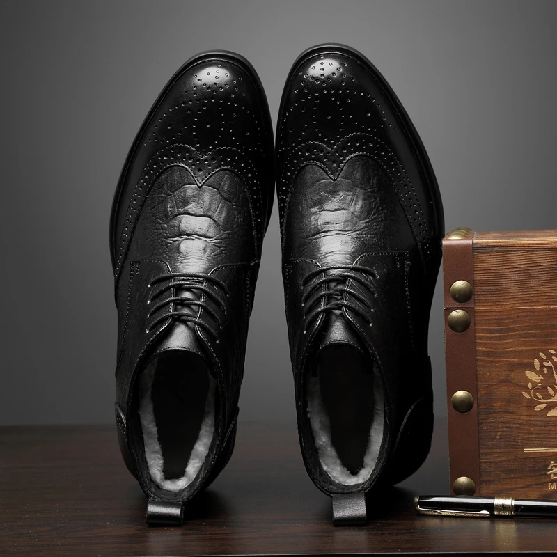 

Real Leather Formal Dress Footwear Lace-Up Mens Ankle Boots Man's High-soled Brock High-top Shoes Male Ankle Boots