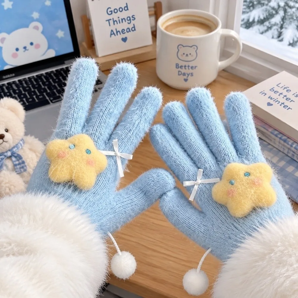 One Size Star Finger Gloves Soft Texture Cold Proof Girls Winter Gloves Windproof Thick Warm Gloves Cold Weather Use
