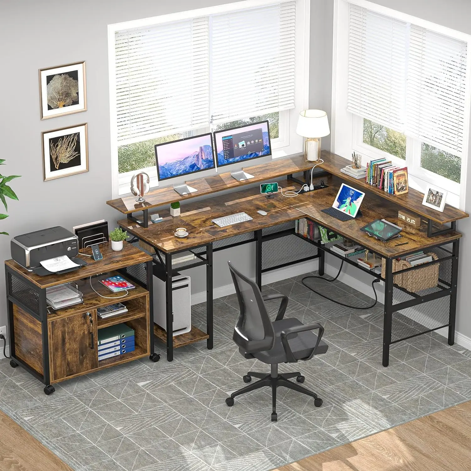 Unikito L Shaped Desk with LED Light and Power Outlet, Reversible Corner Computer Table with Monitor Stand