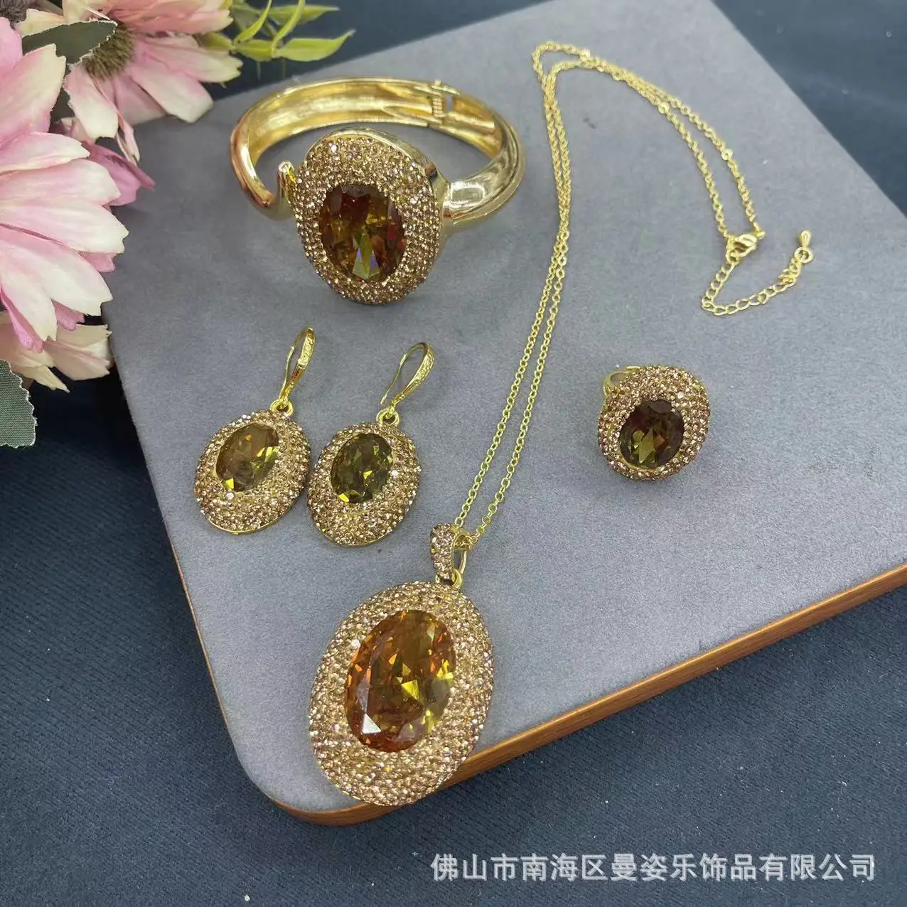 

Turkey Sultan Stone Color-changing Stone Four-piece Jewelry Set Pottery Clay Inlaid Manufacturer pendant earrings ring bracelet