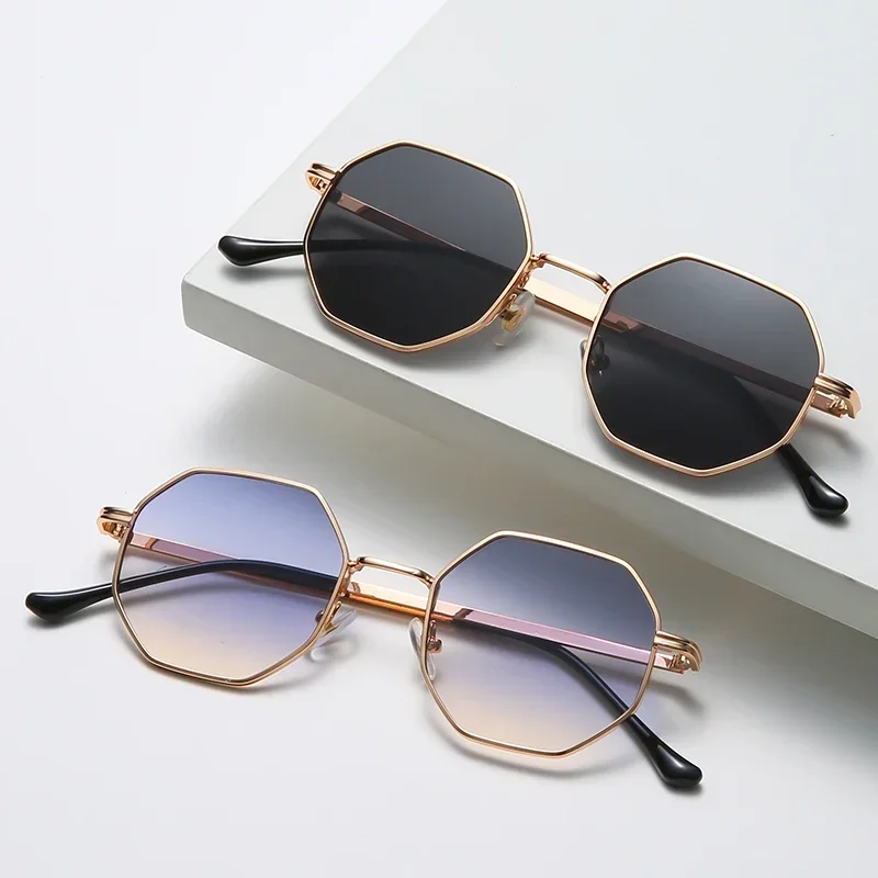Lunettes de soleil pour femmes, monture polygonale en métal, style vintage, lunettes de soleil de marque de luxe pour hommes, lunettes de soleil miroir pour femmes, Gafas De Sol UV400