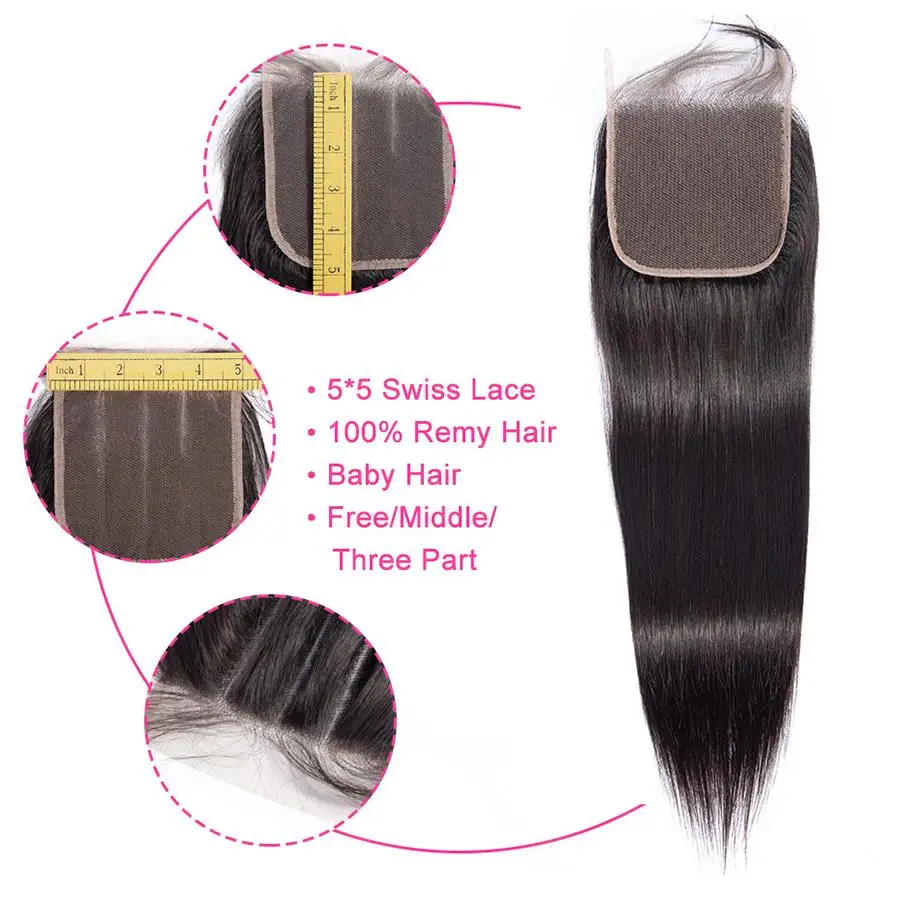 5x5 HD Lace Closures 20 Inch Straight Transparent 5*5 Lace Closure Natural Color Remy Braziian Human Hair 150% Density Kisshair