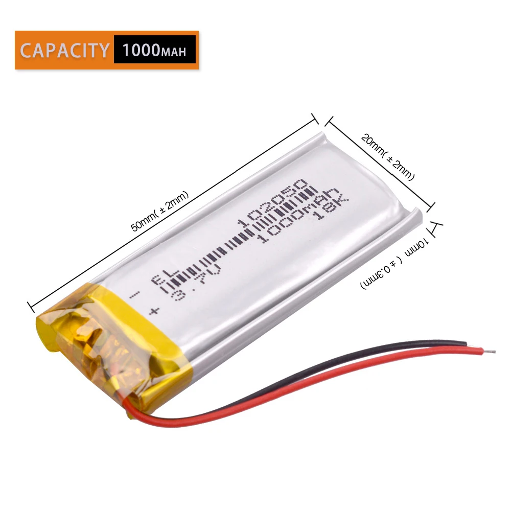 5Pcs/Lot 102050  3.7V 1000mAh Rechargeable Lithium Li-ion Polymer Battery  With Silicone Wires