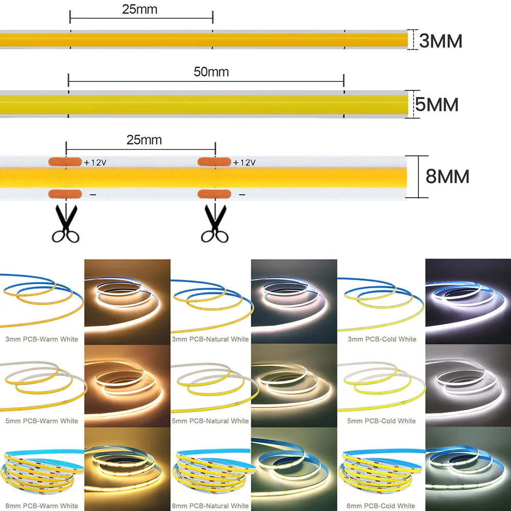 12V 24V 5V COB LED Strip 3mm 5mm PCB Ultra sottile luce 320LED 8mm CRI90 nastro LED flessibile luminoso per l'illuminazione della fodera domestica dell'armadio