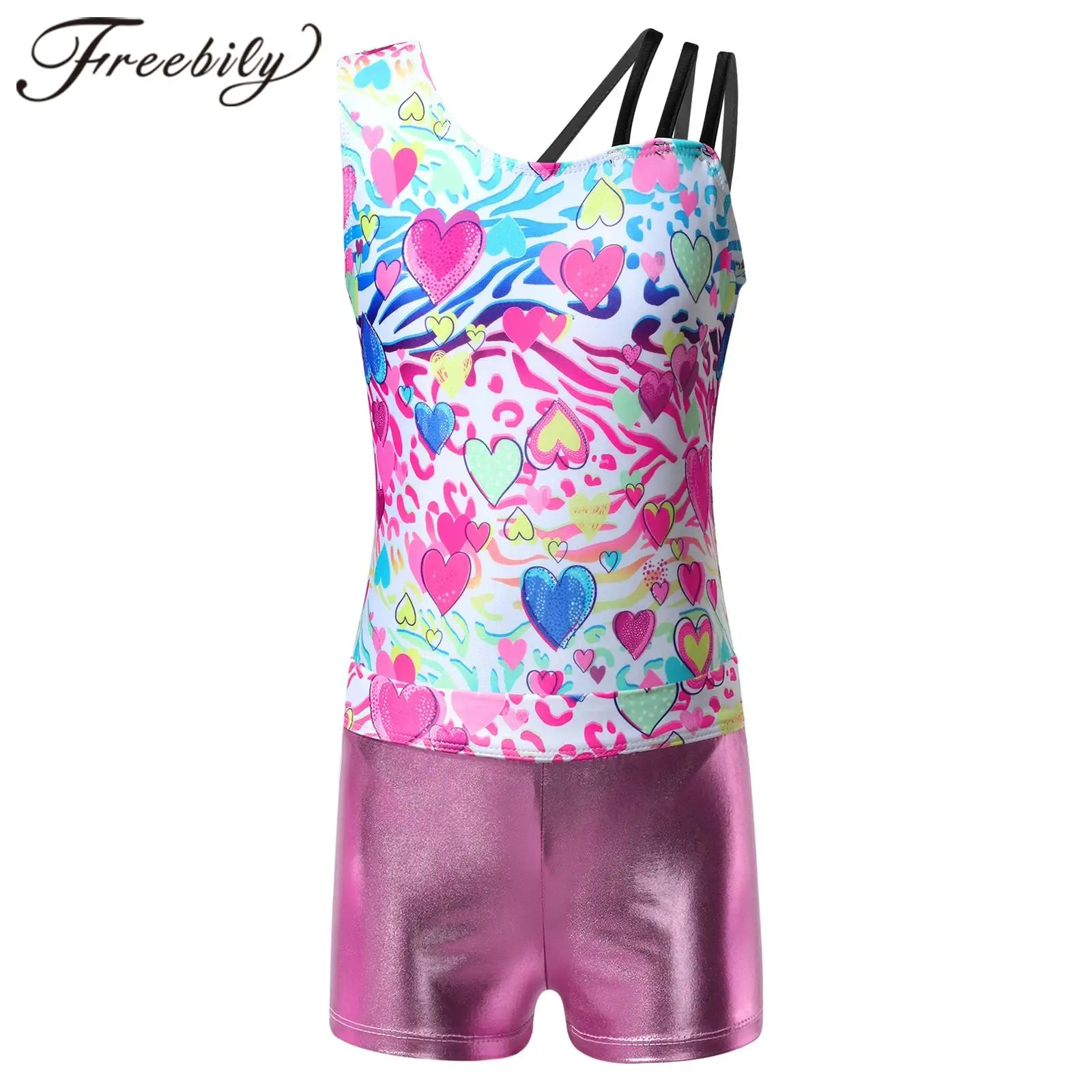 Kids Girls Sleeveless Leopard Print Gymnastics Leotard with Shorts Children Ballet Dance Outfits Gymnastics Jumpsuit Dancewear