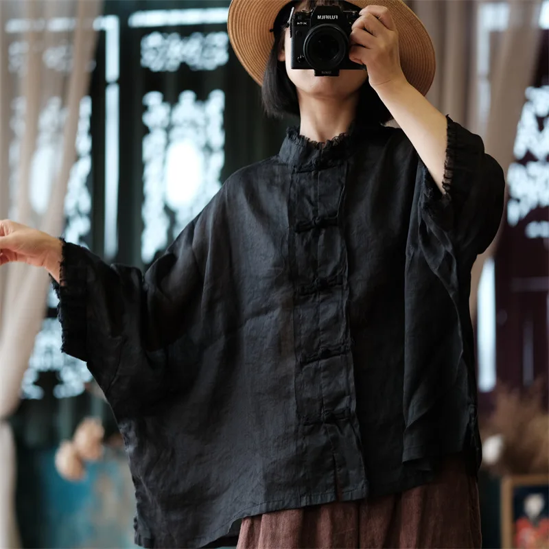 

Новая женская рубашка из 100% рами, тонкая, легкая, винтажная, повседневная, свободного кроя, с эффектом потертости, с круглым вырезом, черная, весенняя коллекция