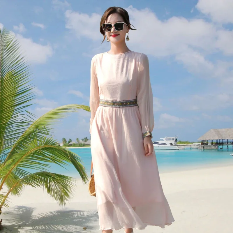 Women's 100% Mulberry Silk Dress Women Fashion Long Sleeves Holiday Beach Dress Maxi Dresses For Women Vestidos De Mujer Zm3072