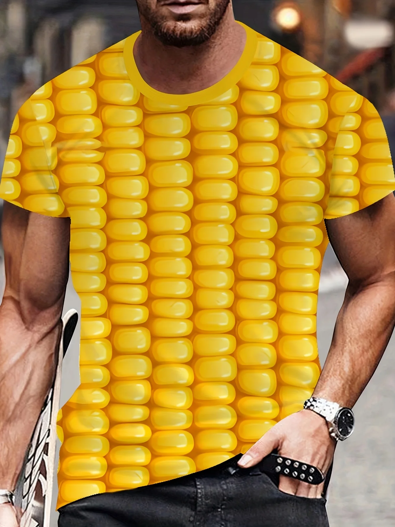 Herren 3D Mais-Print T-Shirt Lässiger O-Ausschnitt Kurzarm Lustiges Lebensmittel-Grafik-Tee Sommer-Oberteil – Detail 4