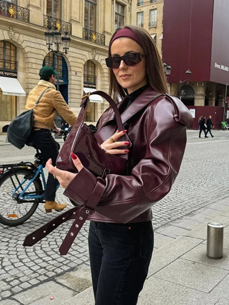 Chic Wine Red Faux Leather Zipper Woman\'s Jacket Vintage Lapel Long Sleeve Loose Coats 2024 New Fashion Casual Autumn Streetwear