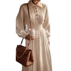 Twist Knitted Dress Women's 2025 Fall/Winter New Waist Slim Sweater Pullover Dress Fashion Long Sleeve Knitted Sweater Dresseses