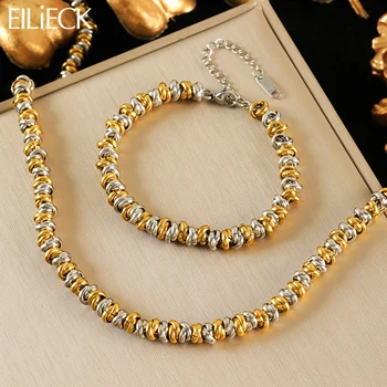EILIECK 316L Stainless Steel Metal 2-Color Chain Necklace Bracelet Set For Women Fashion…