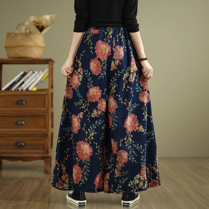 Retro Chinese Sle Wide Leg Jeans Loose Fit Floral Print Straight Cut Trousers Personali Slimming High Waist Plant Floral