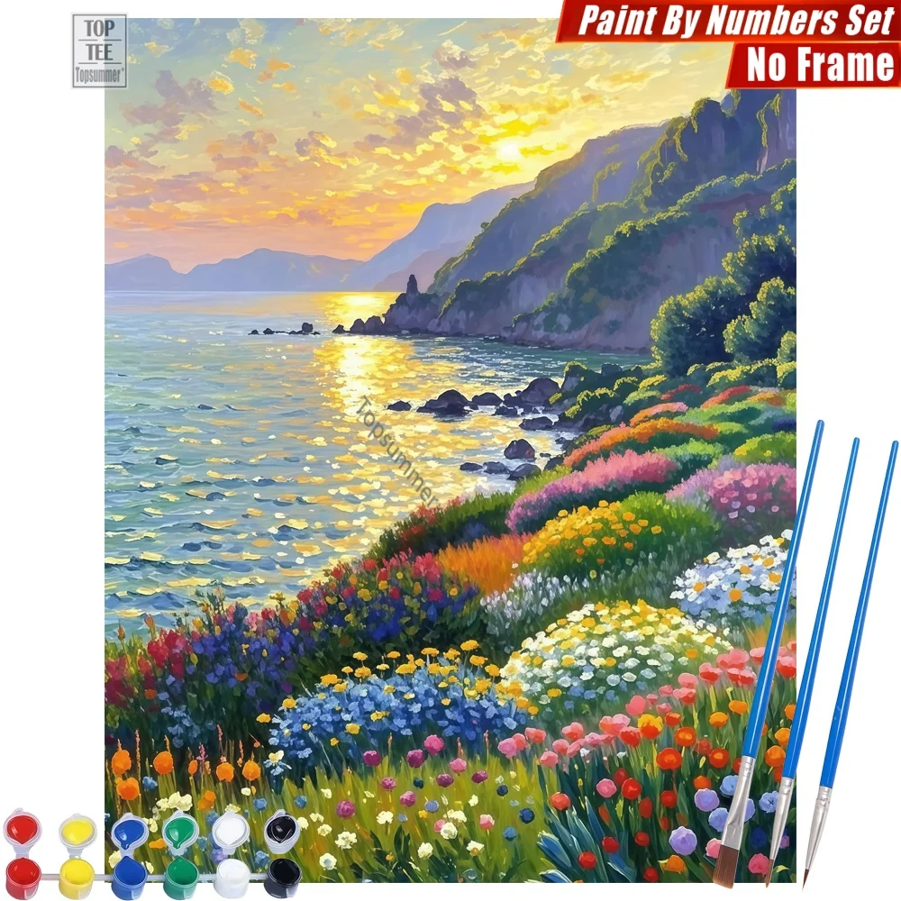

coastal sunset flowers Painting By Numbers Kit - coast sunset flowers Abstract Wall Art New Year'S Day Gift For Grandma