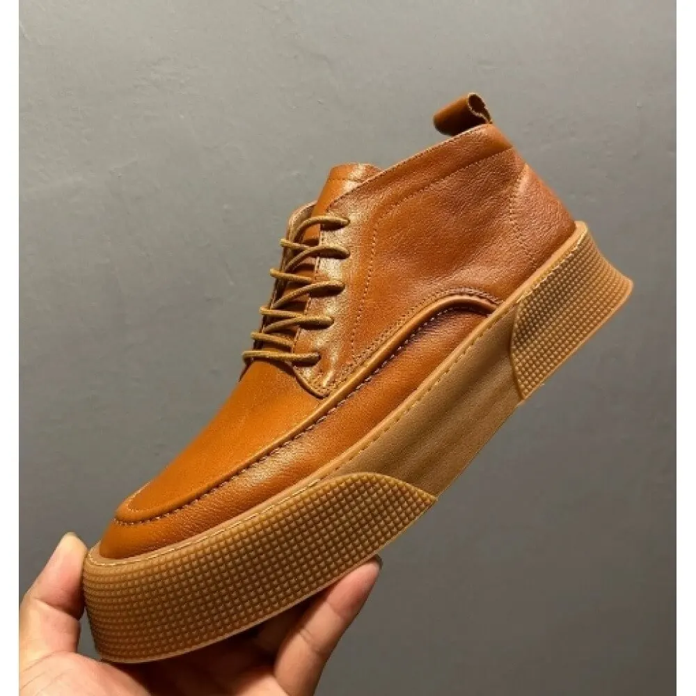 Caramel Brown Burnished Leather High-top Casual Shoes, with matching laces and textured sole